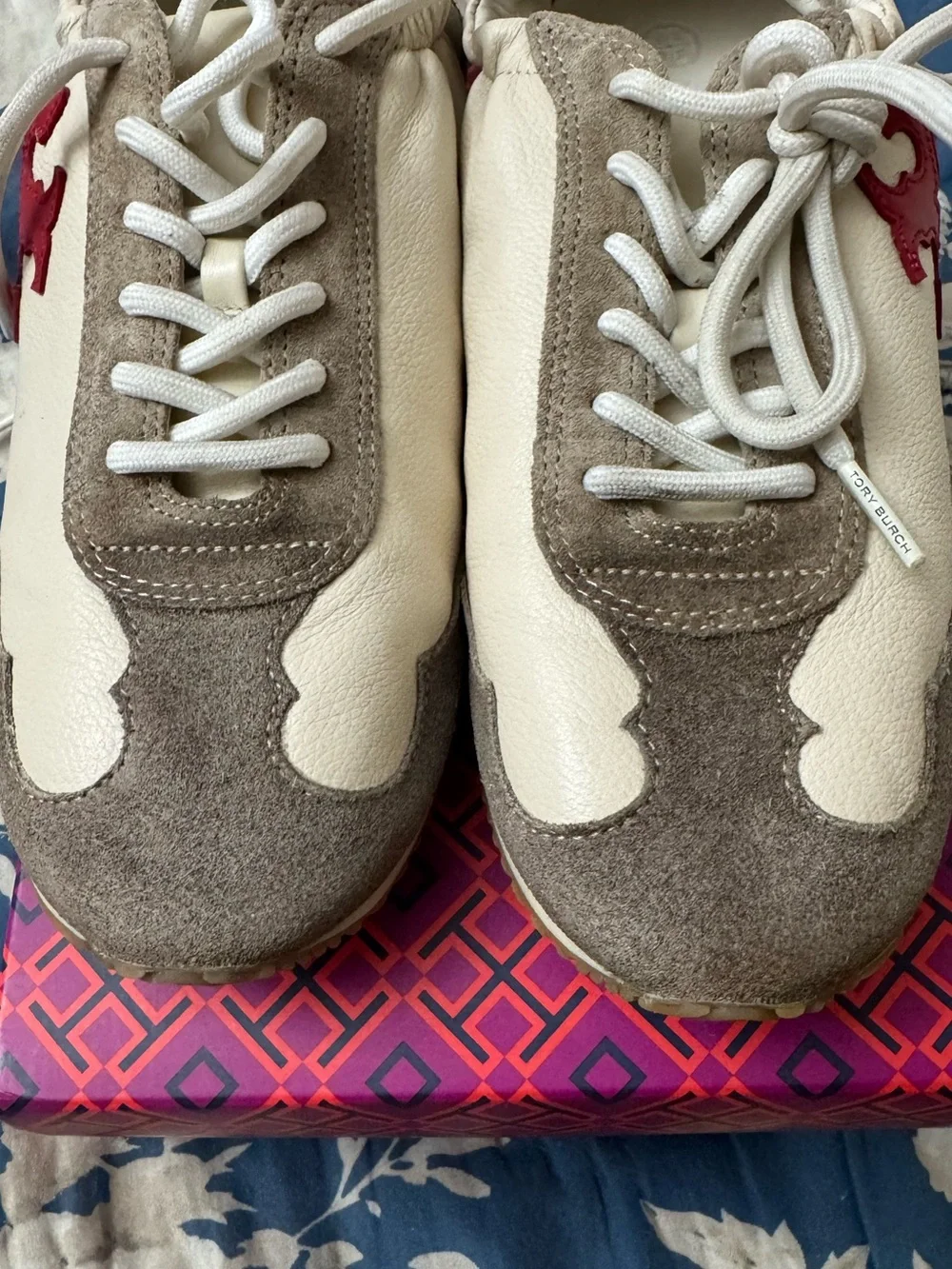 Tory Burch Cream, Berry & Beige Double T Logo Leather Sneaker